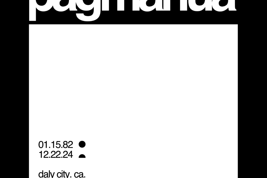A digital rendering of the minimalist memorial design for Nat Pagmanua, featuring coordinates, dates, six dots representing family, and the Hawaiian Islands.