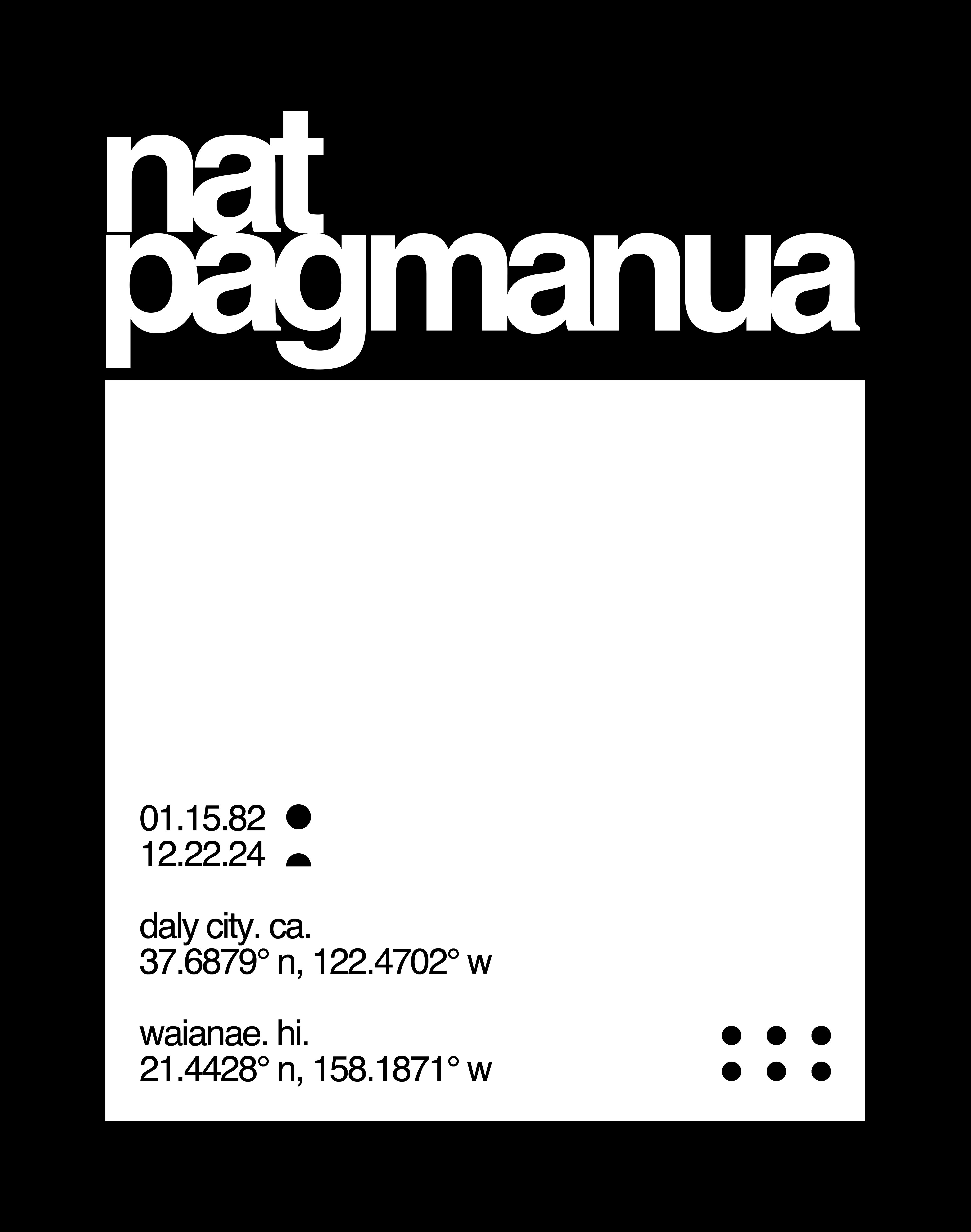 A digital rendering of the minimalist memorial design for Nat Pagmanua, featuring coordinates, dates, six dots representing family, and the Hawaiian Islands.