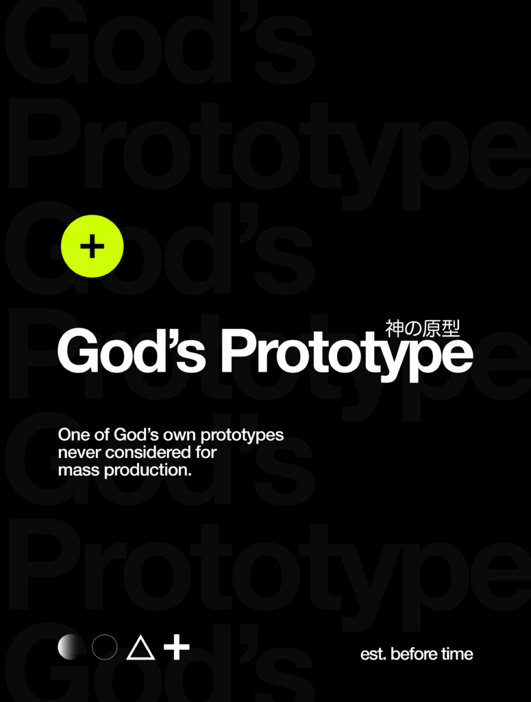 God’s Prototype typography design in Helvetica, showcasing bold conceptual lettering and modern design